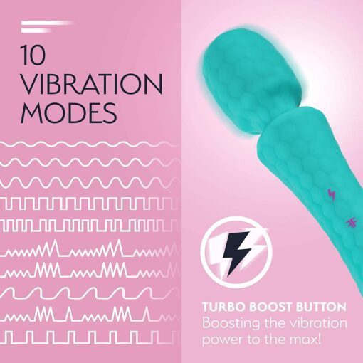 Turquoise colored FemmeFunn Ultra Wand vibratorÂ feature gude showing 10 different vibration modes