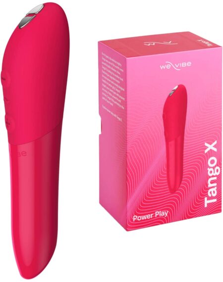 Cherry Red colored We-Vibe Tango X bullet vibrator with the box in the backround