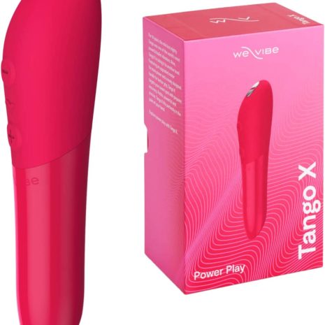 Cherry Red colored We-Vibe Tango X bullet vibrator with the box in the backround