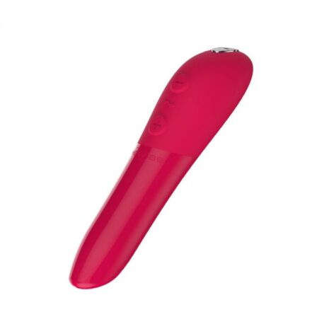 Cherry Red colored We-Vibe Tango X bullet vibrator turned diagonally on a white background