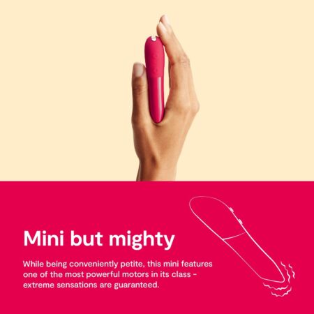 Hand holding a cherry Red colored We-Vibe Tango X bullet vibrator with text saying Mini but Mighty 