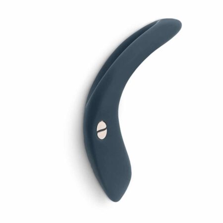 Slate colored We-Vibe Verge cock ring vibratorÂ  on its side showing the buttons on a white background