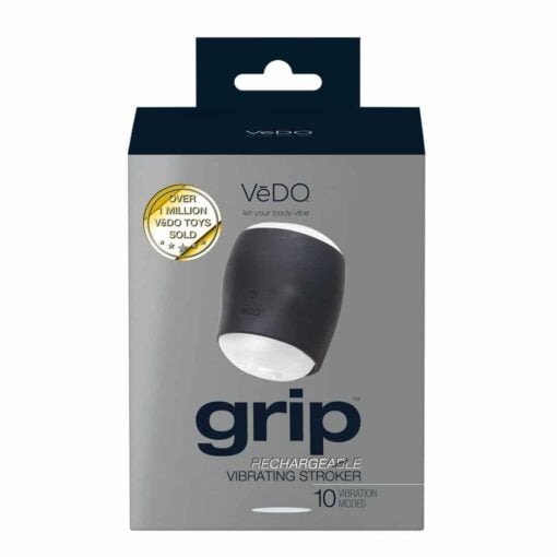 Front of the box of theÂ  Vedo Grip Black Masturbator