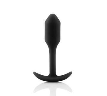 Small sized, black Snug Plug butt plug covered with  silicone standing straight up on a white background