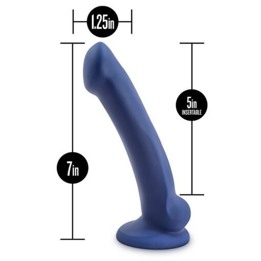 Avant D10 Ergo Mini IndigoÂ platinum siliconeÂ dildo dimensions showing 5" length and 1.25" width