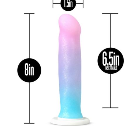 Avant D17 Vision of Love platinum silicone dildo with the measurements showing 6.5" insertable lengtha nd 1.5" width