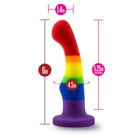 LGBT pride flag colored Avant P1 Pride Freedom platinum silicone dildo dimensions show 5.25 width length and 1.4" width