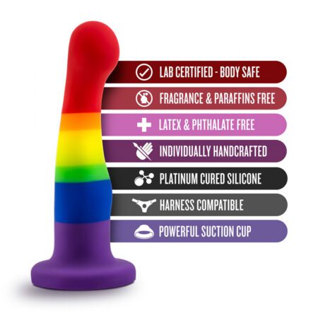 LGBT pride flag colored Avant P1 Pride Freedom platinum silicone dildo features include harness compatible and strong suction cup
