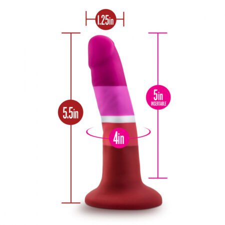 Lesbian flag colored Avant P3 Pride Beauty platinum silicone dildo with dimensions showing 5" long and 1.25" width