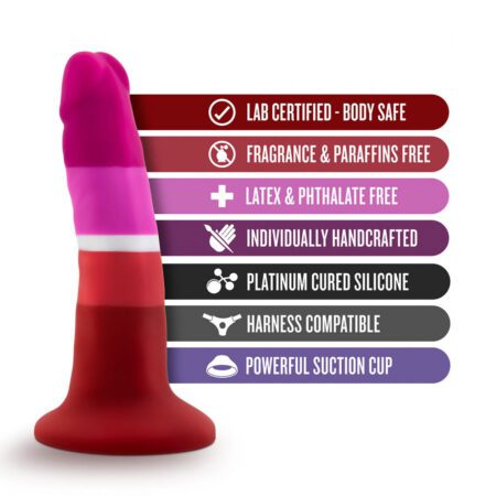 Lesbian flag coloredÂ Avant P3 Pride Beauty platinum silicone dildo with features like harness compatible and strong suction cup