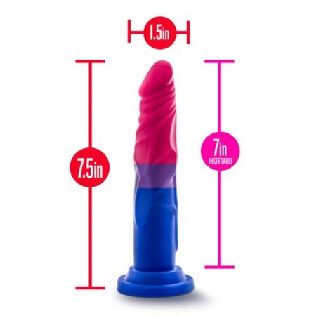 Bisexual pride flag coloredÂ Avant P8 Love platinum silicone dildo with dimensions showing 7" length and 1.5" width