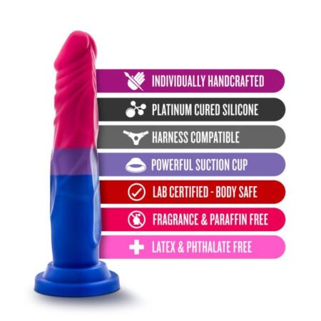 Bisexual pride flag coloredÂ Avant P8 Love platinum silicone dildo with features like harness compatible and strong suction cup