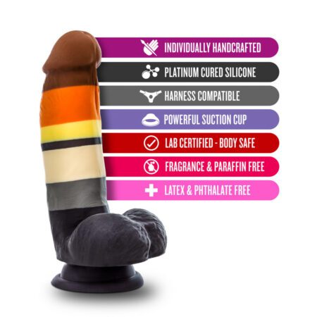 Bear Pride pride flag colored Avant P9 Pride Bear platinum silicone dildo features including harness compatible and strong suction cup