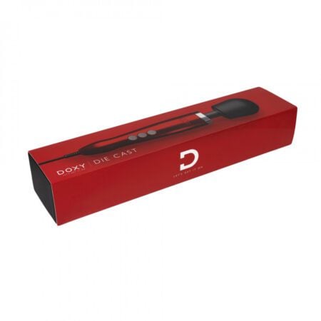 Box of the red doxy die cast wand vibrator lying down