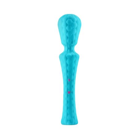 A turquise colored and textured wand vibrator from FemmeFunn pointing straight up