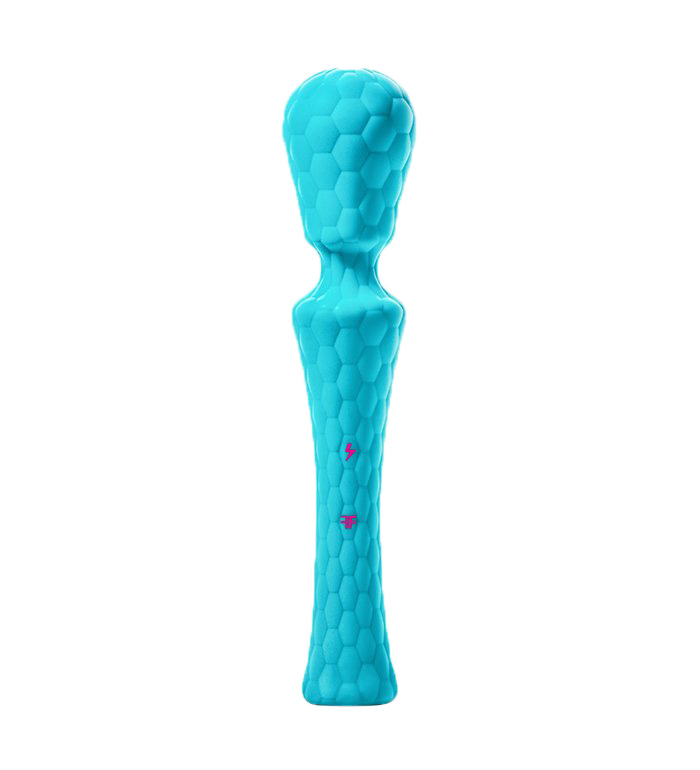 Waterproof turquoise wand vibrator standing straight up