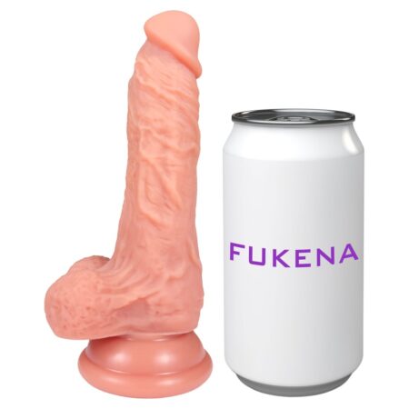 Fukena Adonis light silicone dildo next to a can to show its size