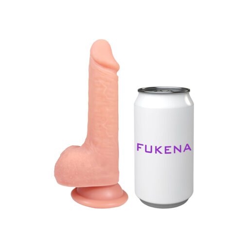 Left side view of the Fukena Thriller silicone dildo next to a can