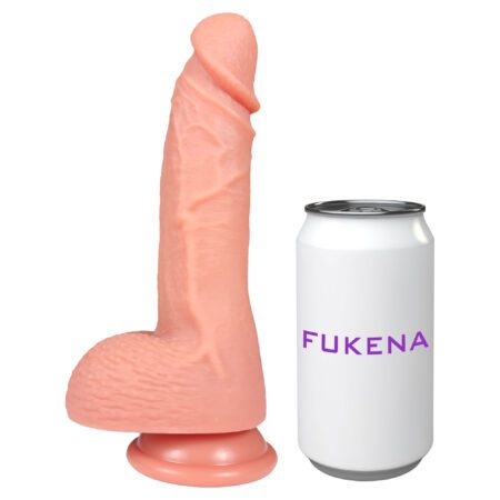 Fukena Thriller silicone dildo next to a can to show it's size