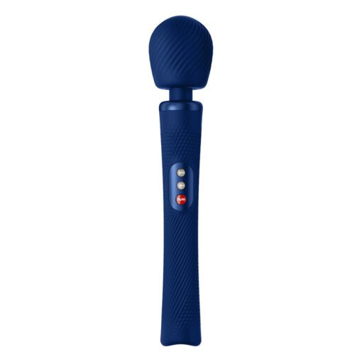 Blue Fun Factory VIM wand vibrator standing up on a white background 