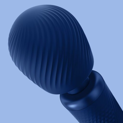 Close up view of the head of a blue Fun Factory VIM wand vibrator