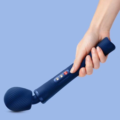 Flexible head of a blue Fun Factory VIM wand vibrator