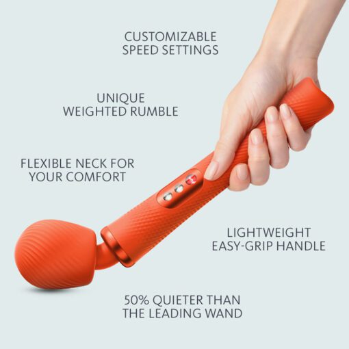 Features of a blue Fun Factory VIM wand vibrator