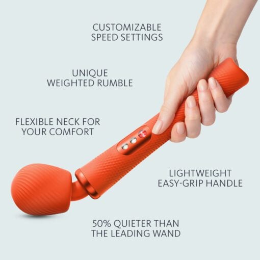 Features of a blue Fun Factory VIM wand vibrator