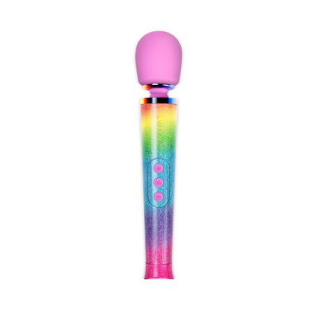 Product shot of a Rainbow colored wand vibrator from Le wand on a white background