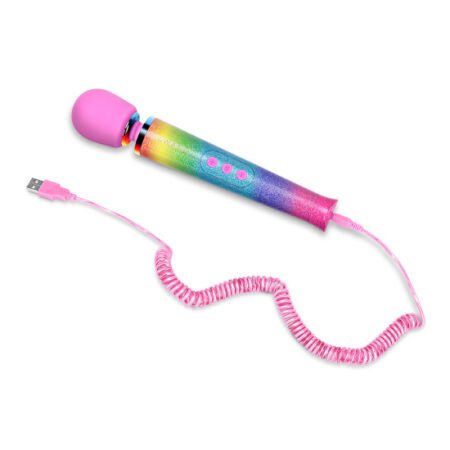 Rainbow colored wand vibrator with the power cord hanging out