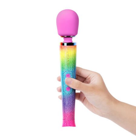 Hand holding a Rainbow colored wand vibrator from Le wand