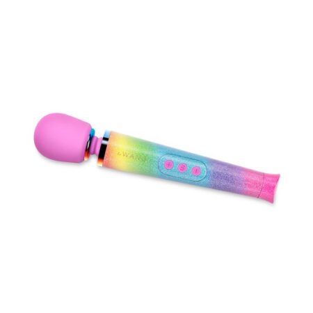 Rainbow colored wand vibrator from Le wand resting diagonally away from the front