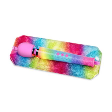 Rainbow colored wand vibrator from Le wand in the box on a white background