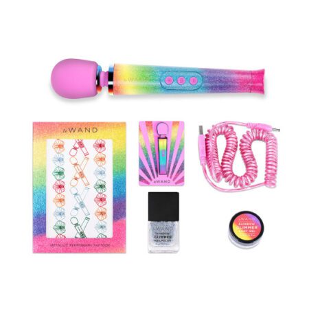 Rainbow colored wand vibrator from Le wand with all of the contents of the box