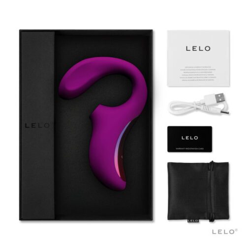 All of the contents of the box of the Lelo Enigma air pulse vibrator