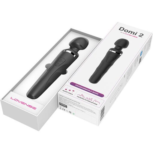 Black Lovense Domi 2 bluetooth app controlled wand vibrator in box