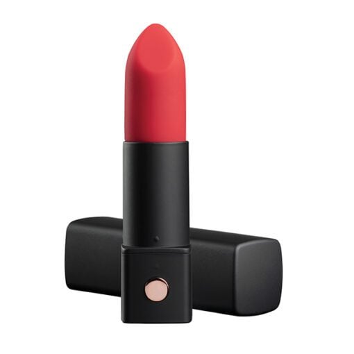 Lipstick shaped bullet vibrator from Lovense next to its case on a white background