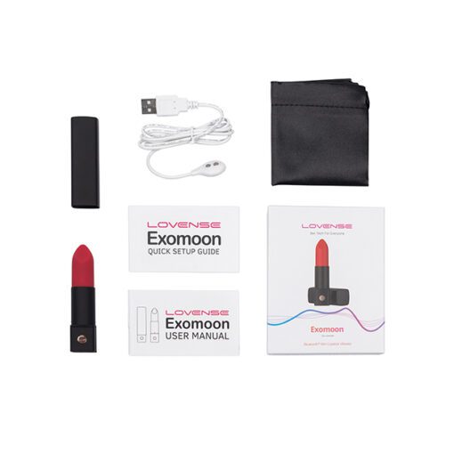 Contents from inside the box of the Lipstick shaped bullet vibrator from Lovense next to its case on a white background