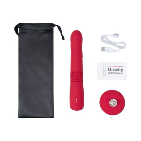 Lovense Gravity vibrating thrusting dildo with all of the product components