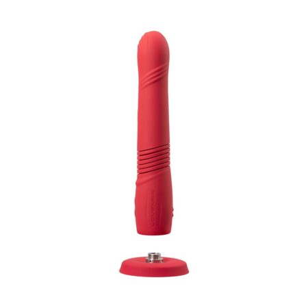 Lovense Gravity vibrating thrusting dildo in red with charger