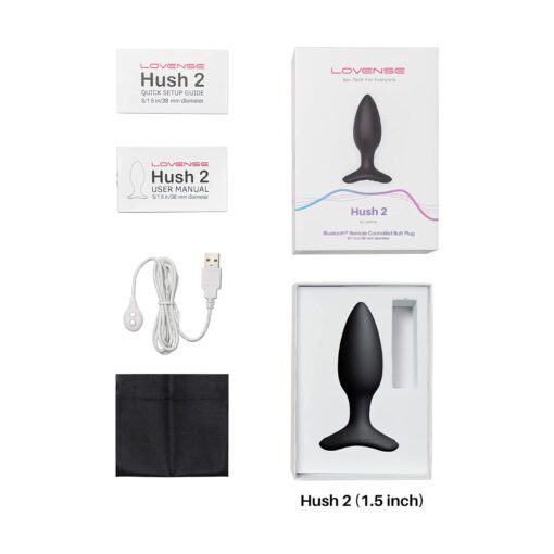 All of the box contents for the Lovense Hush 1.5" vibrating butt plug