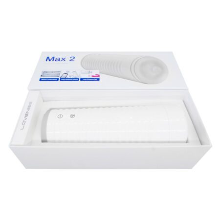 White Lovense Max 2 masturbator and vibrator in its box with contents