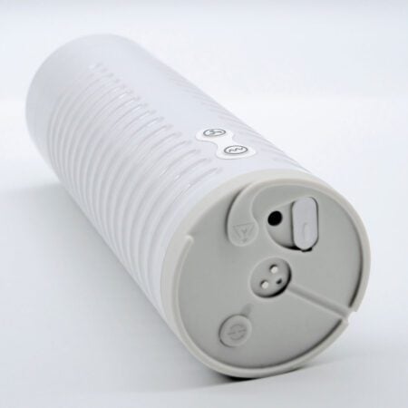 White Lovense Max 2 masturbator and vibrator on side showing its buttons