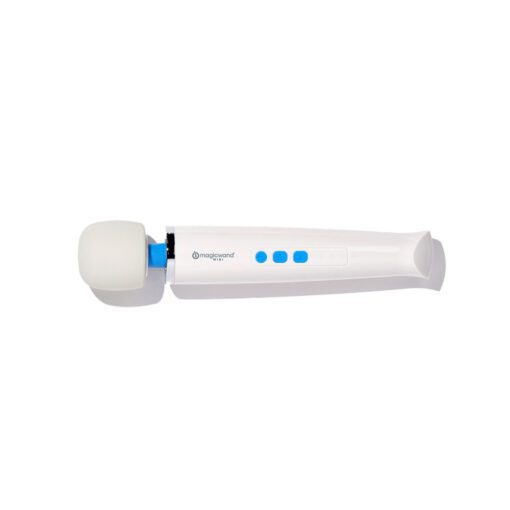 The smaller version of the magic wand vibrator laying on a white background