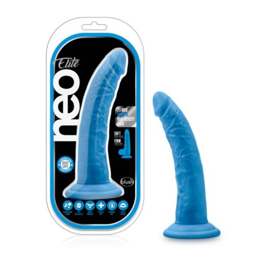 Neo Elite blue dildo in 7.5" width next to case