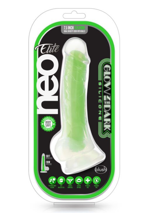 Neo Elite 7.5" Glow in the dark green dildo in container