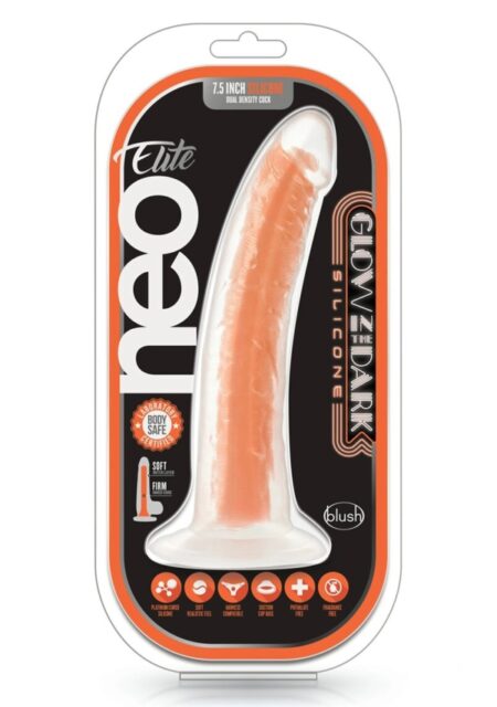 Neo Elite 7.5" Glow in the dark orange dildo in container