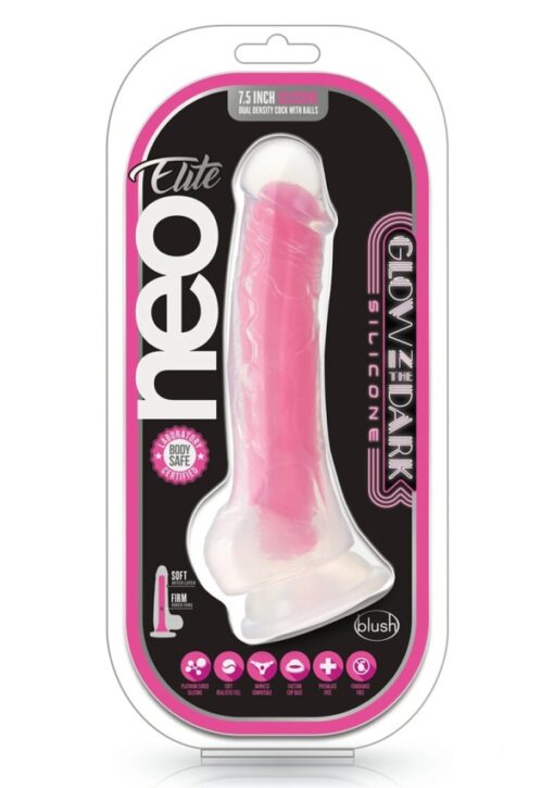 Neo Elite 7.5" Glow in the dark pink dildo in container