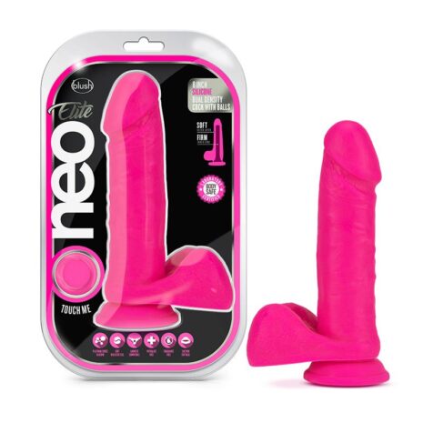 Neo Elite pink dildo in 8" width next to case
