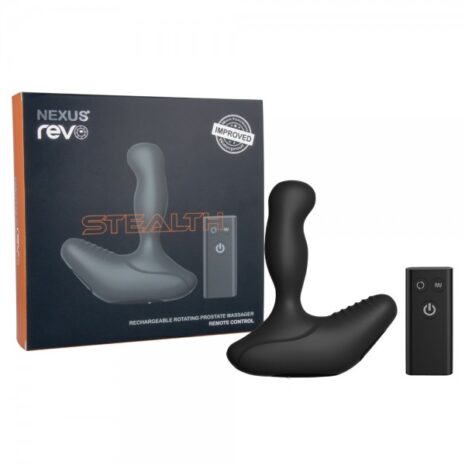 Nexus Revo Stealth prostate massager next to box and remote control
